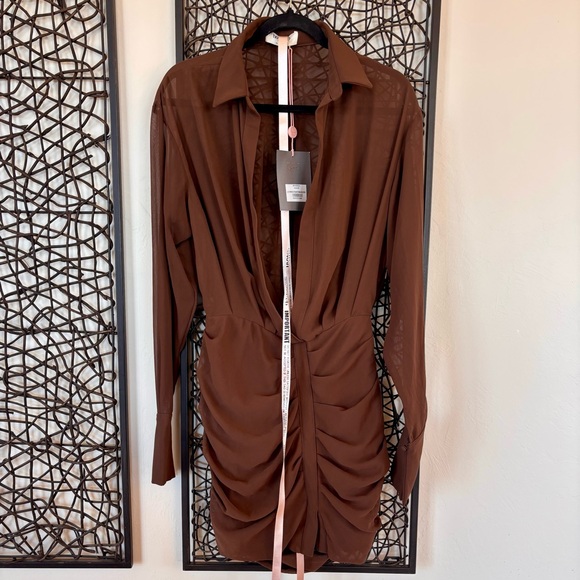 HOUSE of CB Small NWT CLEO Chocolate Chiffon Shirt Dress - Picture 13 of 16